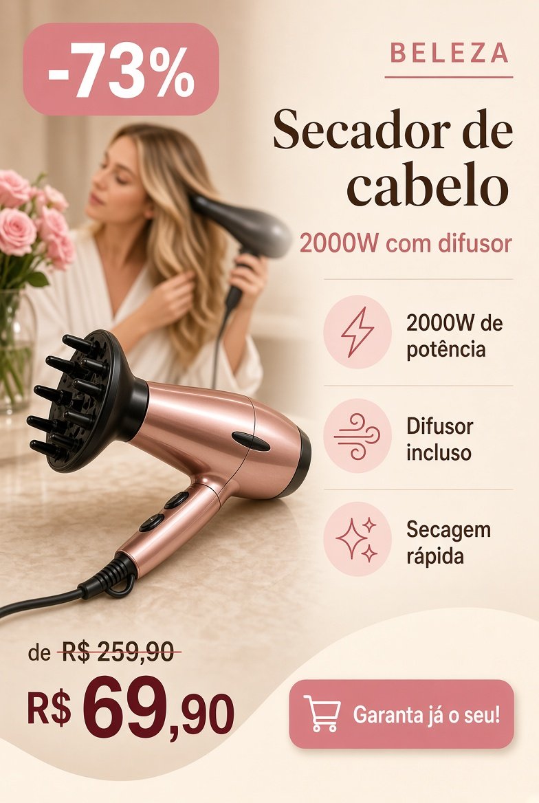 Secador de cabelo 2000W com difusor
